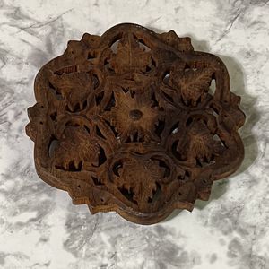 VTG Carved Wood Footed Trivet Brown Floral Flowers BOHO Handmade Plant Stand